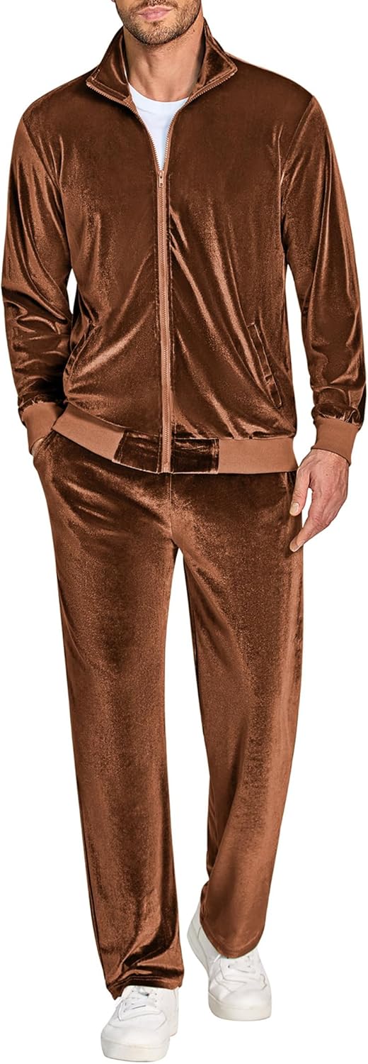 COOFANDY Mens 2 Piece Velour Tracksuit Full Zip Jackets Pants